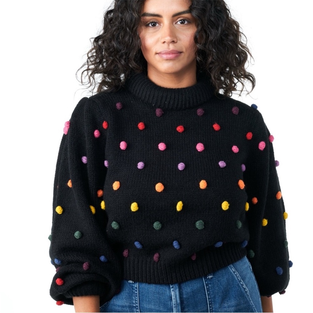 FARM RIO Rainbow Dot Pom Pom Sweater Black & Multicolor - EUC, Large - Picture 16 of 16